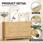 Fluted 6 Drawer Dresser, 47" Wide Chest of Drawers with Faux Marble Top, Modern Dresser TV Stand, Wood Closet Clothes Storage Organizer with Curved Edges for Bedroom, Living Room, Natural
