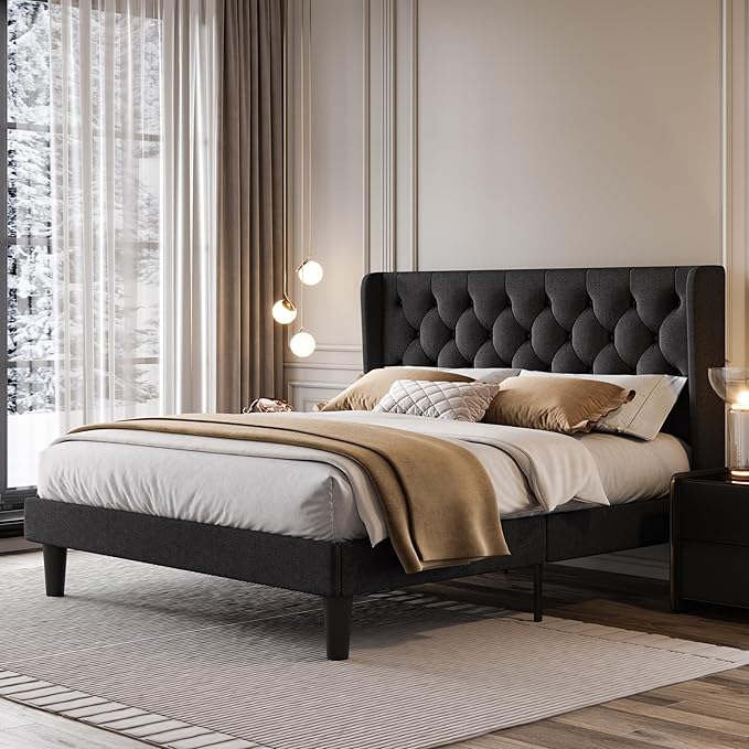 SHA CERLIN Queen Size Platform Bed Frame with Upholstered Headboard and Wingback, Button Tufted Design, Easy Assembly, No Box Spring Needed, Black