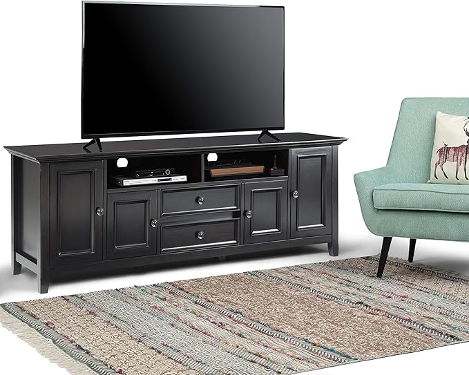 SIMPLIHOME Amherst 72-inch Wide Solid Wood TV Stand in Hickory Brown, Transitional-Style Media Console for Living Room with Cable Management and Adjustable Shelves, Fits 80" TVs