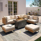 LAUSAINT HOME 9 Pieces Outdoor Patio Furniture Set with 43" Propane Gas Fire Pit Table, Outdoor Sectional Sofa PE Rattan Wicker Patio Conversation Sets with Thick Cushions(Beige