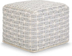 SIMPLIHOME Noreen Boho Square Pouf in Light Blue, White Handloom Woven Pattern for the Living Room, Bedroom and Kids Room