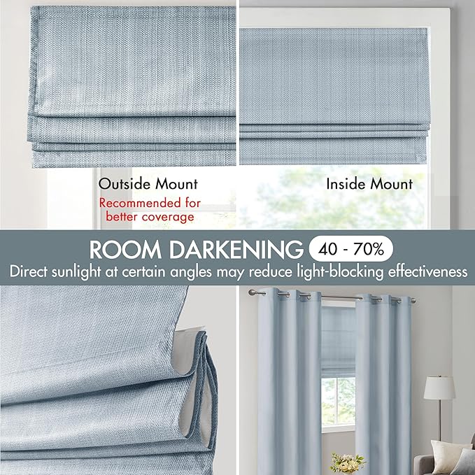 Madison Park Galen Cordless Roman Shade, 29"W x 64"H, Sheen Blue – Room Darkening, Thermal Insulated, Energy Efficient Window Blind with Subtle Sheen Basketweave Fabric for Privacy