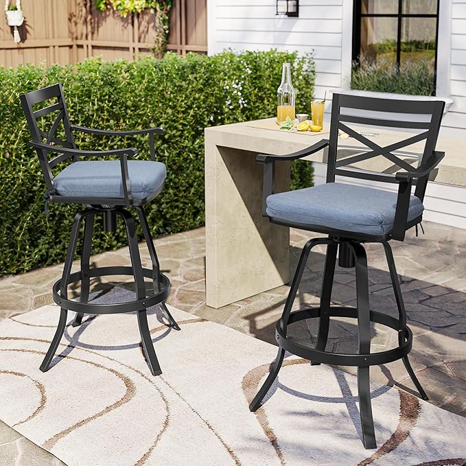 Pellebant Set of 6 Outdoor Bar Stools 30", Aluminum Swivel Patio Bar Height Bar Stools with Back & Footrest, for Deck Lawn Garden(Spectrum Denim)