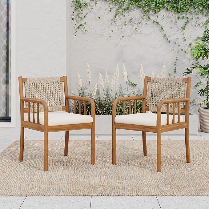Christopher Knight Home Vera Outdoor Dining Chairs Set of 2, Acacia Wood Dining Chairs, Rattan Woven Back Armchair, Armchair with Cushion Seat, Patio Chair for Poolside Garden Balcony, Teak+Cream