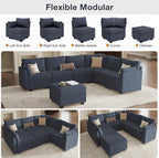 Modular Sectional Sofa Couches, Large Convertible Modular Couches With Storage, 7-Seater Sectional Sofa For Living Room, U Shaped Sectional Couch Sleeper Sofa With Chaise (BlueGrey, 7 Seats)