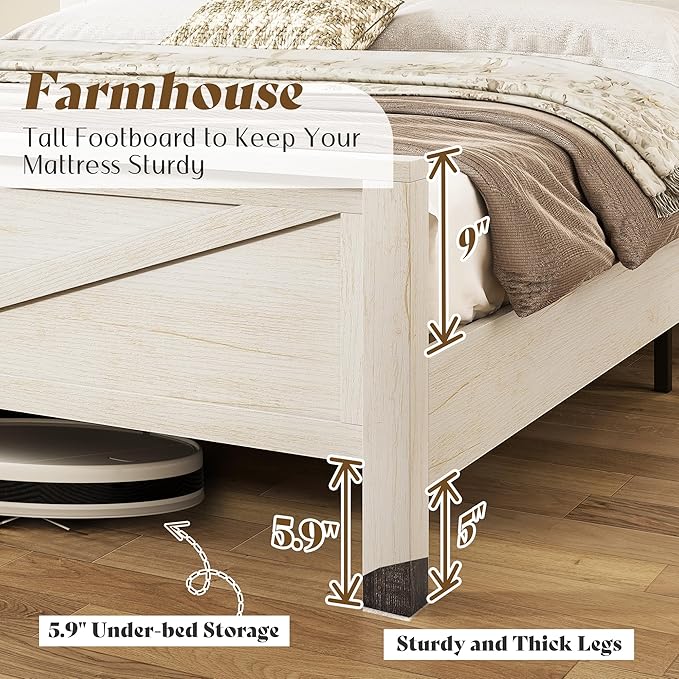 AMERLIFE Farmhouse King Bed Frame, Rustic Wood Platform Bed w/Barn Door Storage Bookcase Headboard & Charging Station, Bedroom Furniture, No Box Spring Needed, Antique White