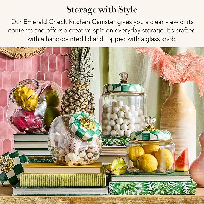 MACKENZIE-CHILDS Small Kitchen Canister, Decorative Glass Storage Jar with Lid, Green-and-White Emerald Check