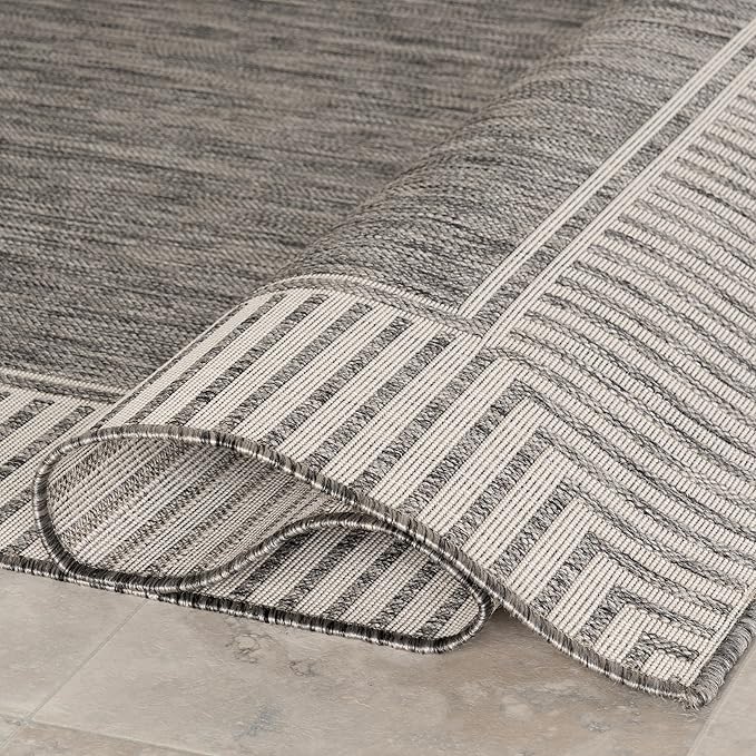 nuLOOM 9'6" x 12' Outdoor Area Rug, Casual Design with Striped Border, Stain Resistant, Highly Durable, for Patio, Balcony, Bedroom, Living Room, Dining Room, Bathroom, Steel