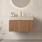 Bathroom Vanity with Sink 30 Inch, Floating Bathroom Vanity Sink Cabinet with Drawer and Door, Undermount Sink & Travertine-Pattern Sintered Stone Top, Pre-Assembled, Espresso