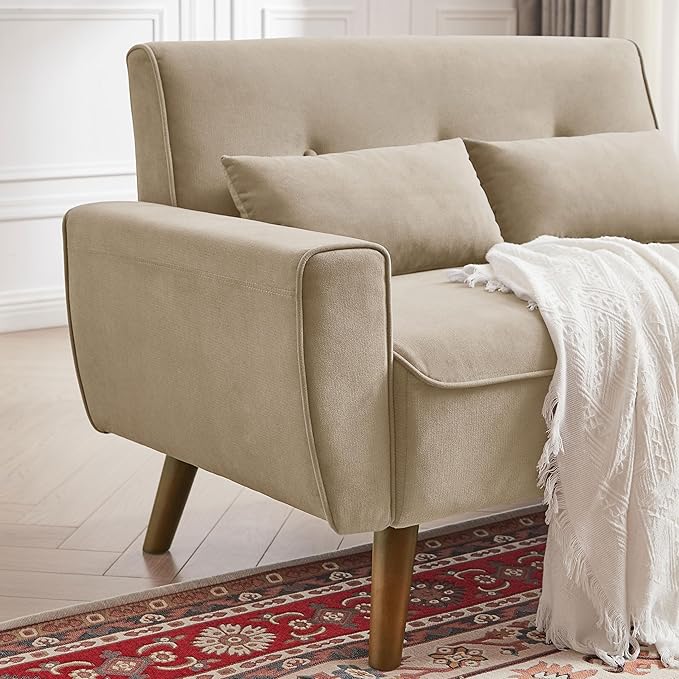 48" Small Loveseat Sofa, Mid Century Modern Love Seat with Back Cushions and Plastic Legs, 2 Seater Couches for Living Room, Bedroom, Small Spaces, Beige