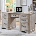 T4TREAM 59" Farmhouse Executive Desk with Drawers,Wood Home Office Computer Desk, Featuring Keyboard Tray,Charging Station,File Drawer, Storage Cabinet,for Work and Study (Light Rustic Oak)