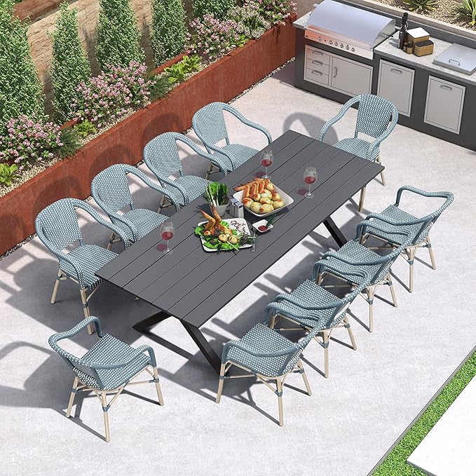 PURPLE LEAF 11 Pieces Outdoor Dining Set Patio Furniture Set with Large Aluminum Table and French Wicker Chairs for Garden Backyard Light Blue Patio Dining Set