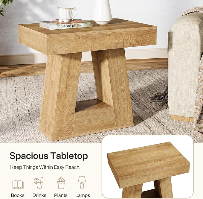 Tribesigns 24" Modern Side Table, 2-Tier Narrow Wooden End Table with Trapezoid Base, Farmhouse Small Nightstand for Living Room, Bedroom (2, Natural Wood Color)