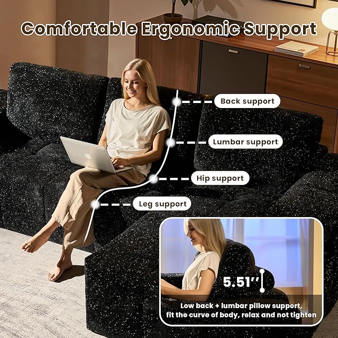 114" Glitter Cloud Sectional Couch with L-Shape Chaise, Modern Boneless Couches for Living Room, Fluffy Tufted Deep Seat Modular Sofa in a Box No Assembly