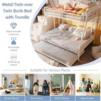SUNLEI Metal Bunk Beds with Double Secured Ladders, Twin Over Full Bunk Bed with Surrounded Safety Guardrails, Space Saver Twin Beds, Noise Free for Small Bedroom, with Trundle, White