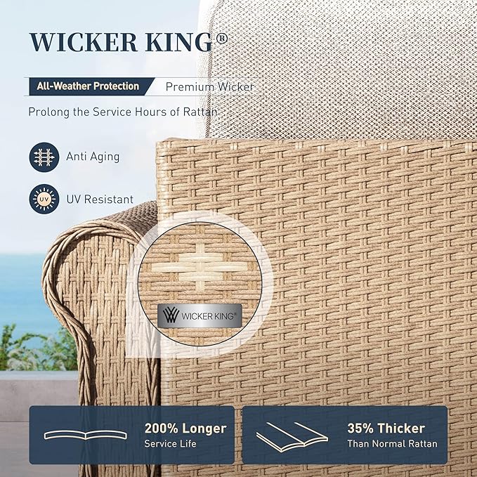 Patio Furniture Set 6 pcs, Wicker Rattan Sofa with 5.5" Thick Waterproof Cushions, 4 Chairs and Coffee Table, All Weather Outdoor Conversation Set for Backyard Deck, 7 Seats Beige