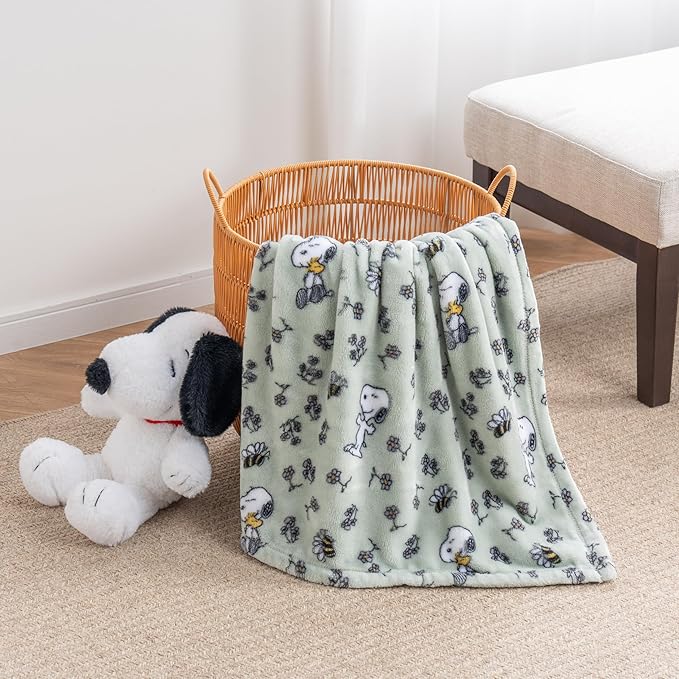 Berkshire Blanket Peanuts® VelvetLoft® Cute Character Snoopy Plush Throw Blanket,Peanuts Snoopy & Woodstock New Flower and Bees Sage,Throw 55 in x 70 in (Official Peanuts® Product)