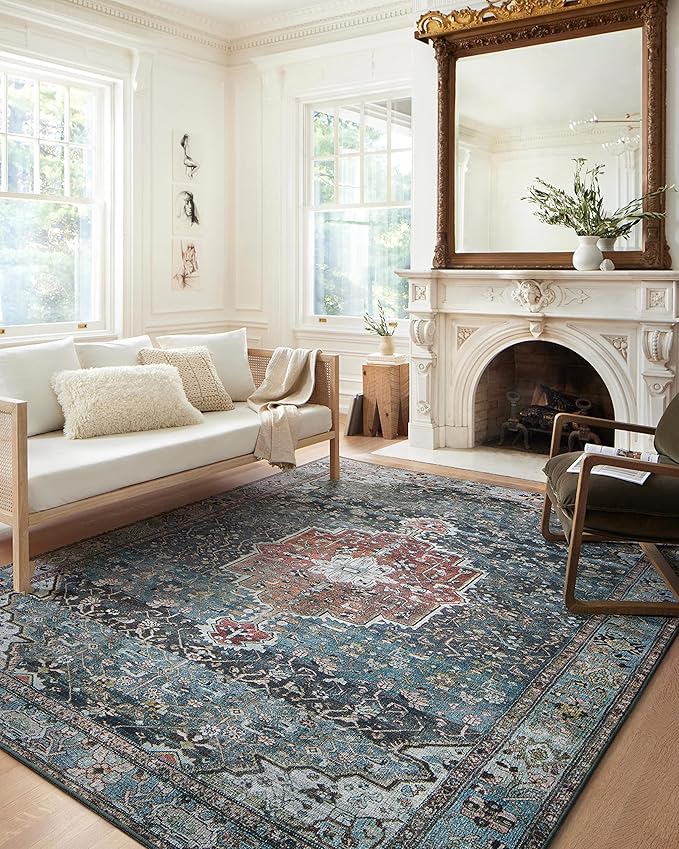 Loloi Margot Collection MAT-05 Ocean/Brick 2'-0" x 5'-0" Accent Rug feat. CloudPile, No-Shed Easy Clean Large Patterned Area Rug for Living Room, Bedroom, Dining Area