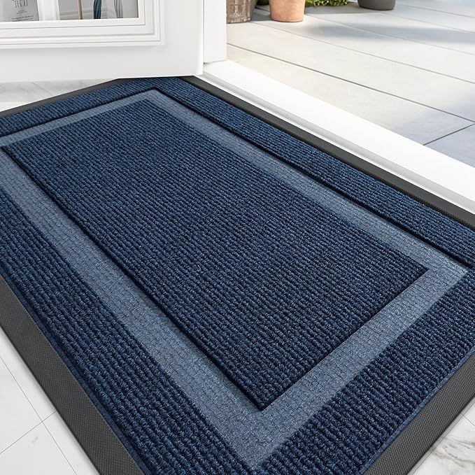 OLANLY Front Door Mat Indoor Outdoor Entrance, Waterproof All-Season, All-Weather Doormat, Sturdy Natural Rubber, Fade Resistant, Low Profile, Easy Clean Patio Porch Entryway Mat, 59x20, Blue