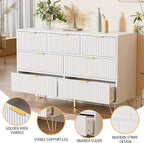 Dresser for Bedroom, Modern Fluted 47.2" Wide Chest of Drawers with Gold Pulls and 7 Drawers, 15.7" D x 47.2" W x 31.4" H, White