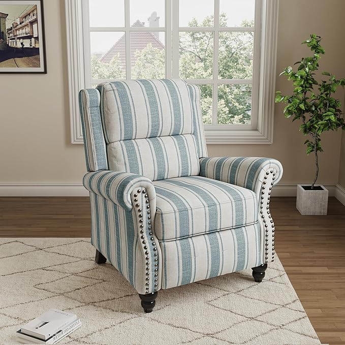 Pushback Recliner Chair, Comfy Fabric Wingback Recliner Chair, Upholstered Armchair Push Back Recliner with Wood Legs, Rivet Trim Single Sofa Accent Chair for Living Room, Bedroom, Blue Stripe