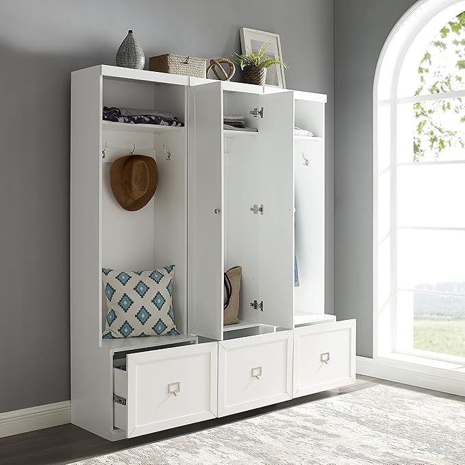 Crosley Furniture Harper 3-Piece Hall Tree and Storage Cabinet Set with Entryway Bench and Hooks for Hanging, White