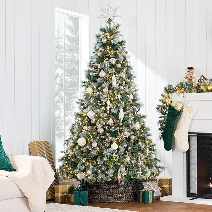 Best Choice Products Full Scotch Pine Christmas Tree, 6ft Pre-Lit Frosted Holiday Decor w/ 1,200 Twinkling Micro LED Lights, 2-in-1 White & Multicolor