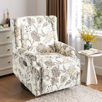 Swivel Glider Recliner Chairs Set of 2, High Back Rocker Reclining Accent Chair with Smooth Manual Mechanism for Nursery, Comfortable & Quiet Upholstered Armchair Seating-Cream Plant