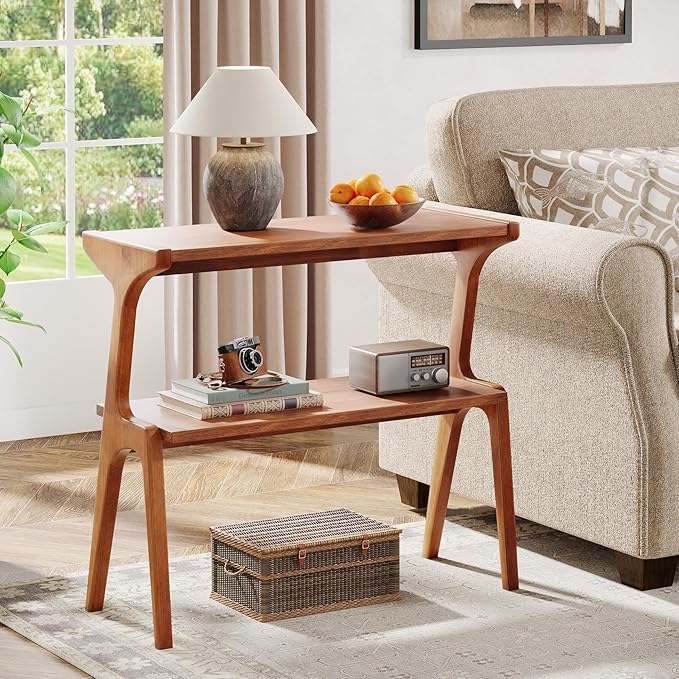 Tribesigns Wood Side Table, 2-Tier Modern Tall End Table with Storage Shelves, Slim Couch Side Table for Living Room, Narrow Bedside Table, Nightstands for Bedroom, Cherry
