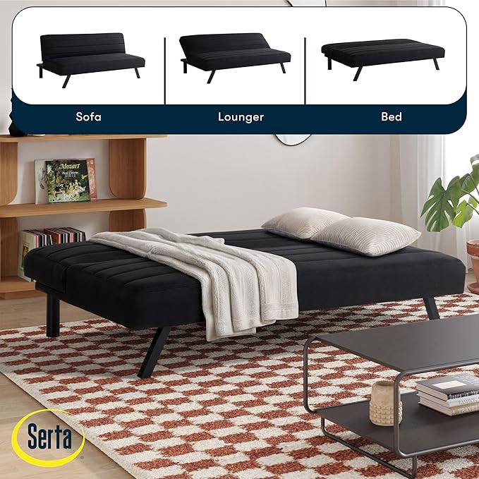 Serta® Damien 66.1" Convertible Futon Sofa, Dreamcoil® Comfort, FingerGuard® Pinch Point Protection, Woven Polyester Fabric, Black