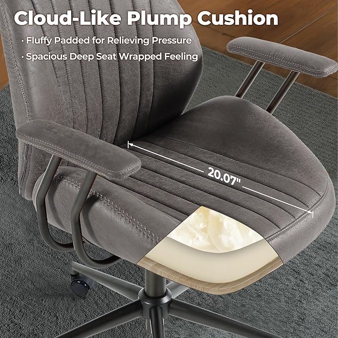 ovios Home Office Ergonomic Chair, Mid-Century Modern Luxury Faux Suede Leather Chairs, Comfy High Back Computer Swivel Rolling Task Armchair for Executive, Grey