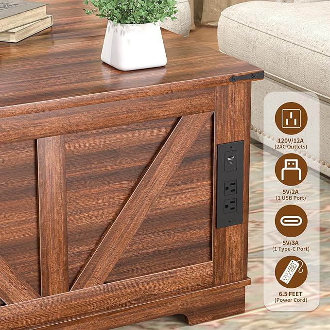 31.5'' Lift Top Coffee Table, Wood Square Farmhouse Coffee Table with Storage, Built in Outlet Center Table for Living Room, Small Spaces, Home