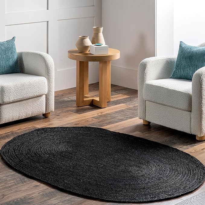 nuLOOM Oval 3x5 Rigo Jute Hand Woven Area Rug, Black, Solid Farmhouse Design, Natural Fiber, For Bedroom, Living Room, Dining Room, Hallway, Office, Kitchen, Entryway