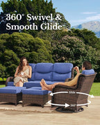 HILLGA Luxury Patio Furniture Set with 6-inch Thick Cushion, Outdoor Couch and High Back Swivel Rocker Patio Chairs, 11PCS Wicker Conversation Set for Deck Yard and Poolside, Blue (V2)