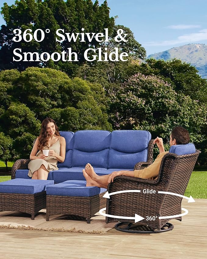 HILLGA Luxury Patio Furniture Set with 6-inch Thick Cushion, Outdoor Couch, Loveseat and High Back Swivel Rocker Patio Chairs, 7PCS Wicker Conversation Set for Deck Yard and Poolside, Blue (V2)