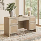 Yechen Executive Desk with 5 Drawers, 57" Modern Rattan Home Office Desk with Charging Station, File Drawer, Farmhouse Boho Computer Writing Desk for Study, Work, White