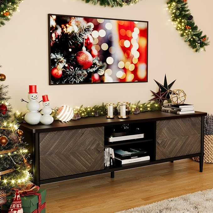 Lenia 65 Inch Solid Acacia Wood TV Stand, Modern Farmhouse Mid Century Media TV Console, Entertainment Center with Storage & Cabinets for Living Room, Mocha Black Finish