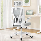 Office Chair Ergonomic Desk Chair - Mesh High Back Office Chair with Headrest Wheels Lumbar Support Home Desk Office Chairs Flip up Armrest Executive Rolling Swivel Task Computer Chair White