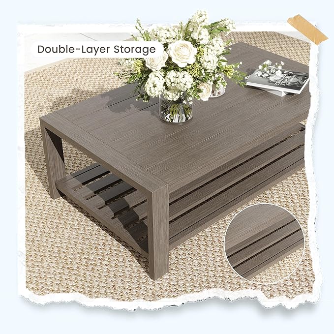 UDPATIO Aluminum Patio Furniture Set, 4 Piece Faux Wood Outdoor Patio Sets with Coffee Table, Metal Patio Furniture Set Modern Outdoor Sectional for Deck Porch Patio, Light Grey