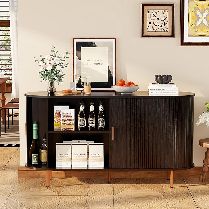 DHH Storage Cabinet, Fluted Sideboard Buffet Cabinet with Tambour Sliding Doors& Adjustable Shelf, Accent Coffee Bar Console Table for Kitchen, Living Room, Entryway (Black, 55 Inch)