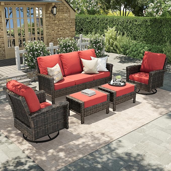 HERA'S HOUSE High Back Swivel Patio Furniture Set with 5.5" Thick Cushions, 5-Piece Oversized Outdoor Wicker Sectional Conversation Set with Ottomans for Garden Yard Porch, Red