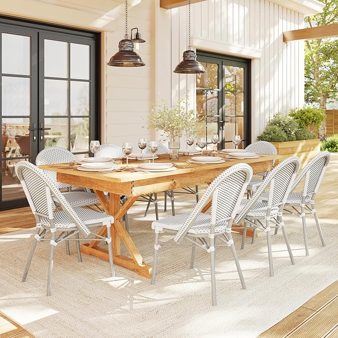 Martha Stewart Lily Pond Indoor-Outdoor Stackable Aluminum Bistro Chair with Gray Woodgrain Frame Finish and White/Gray Woven Rattan Backrest and Seat