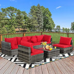 Tangkula 7 Pieces Patio Rattan Furniture Set, Patiojoy Outdoor Conversation Set with Cushions and Tempered Glass Coffee Table, All-Weather Sectional Sofa Set for Garden, Lawn, Backyard (Red)