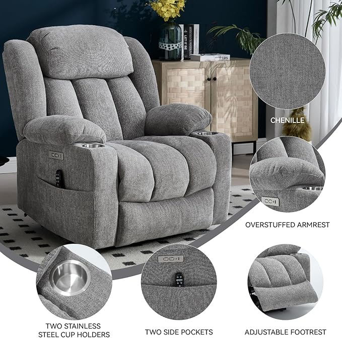 Power Lift Chair for Elderly, Electric Recliner Chair with 8-Point Vibration Massage and Lumbar Heating, Charging Ports, Cup Holders, Standing Assistance Reclining - Light Gray