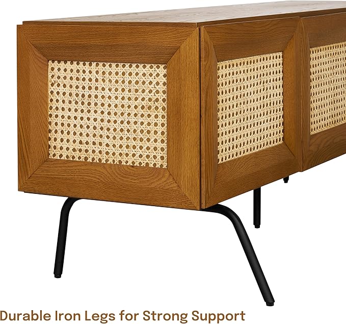 NTC Mossic TV Media Cabinet with 3 Doors for TVs, Entertainment Center with Natural Rattan, Metal Legs, Modern Storage Console for Living Room and Bedroom, Effortless Assembly, Rustic Oak