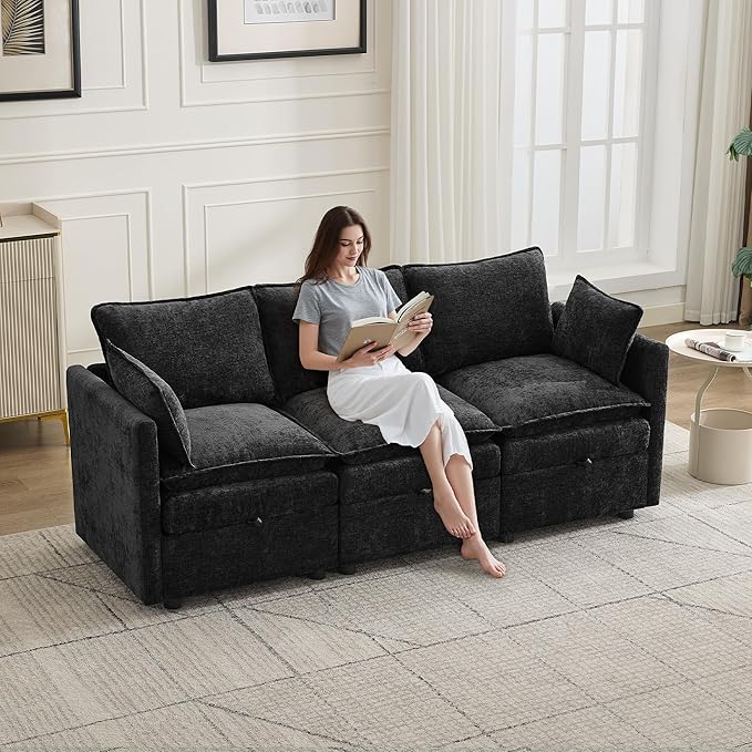 80" Cloud Modular 3 Seater Sofa with Storage, Modern Upholstered Storage Sofa Couch Deep Seat, Sectional Sofa Chenille Comfy Couch with Armrests for Living Room, Small Space, Black