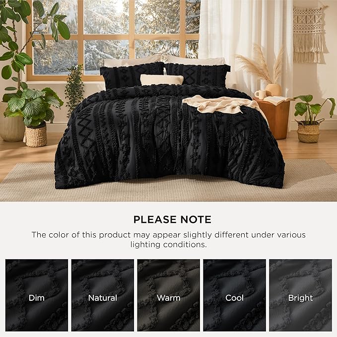 Bedsure Tufted Boho Comforter Set Twin Size - Black Boho Bed Set, GentleSoft™ 2 Pieces Farmhouse Shabby Chic Embroidery Bedding, Gifts for Woman, Soft Jacquard Twin Comforter for All Seasons