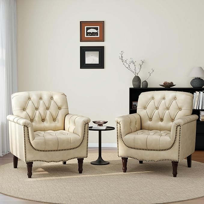 UIXE Faux Leather Accent Chairs Set of 2, Comfy Club Chair Upholstered Armchair for Living Room, Button Tufted Arm Chair Retro Single Sofa Side Reding Seat for Bedroom - Beige