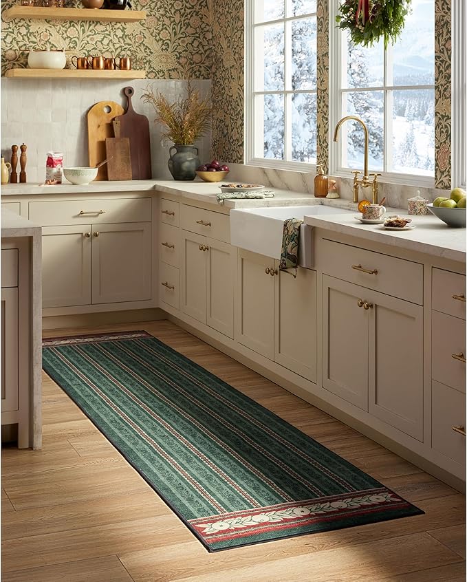 RUGGABLE x Morris & Co Machine Washable Christmas Area Rug– Fruit Stripe Spruce Green 8x10, Stain-Resistant, Non-Slip–Large Rugs for Living Room, Bedroom, Hallway, Entryway & Office–with Standard Pad