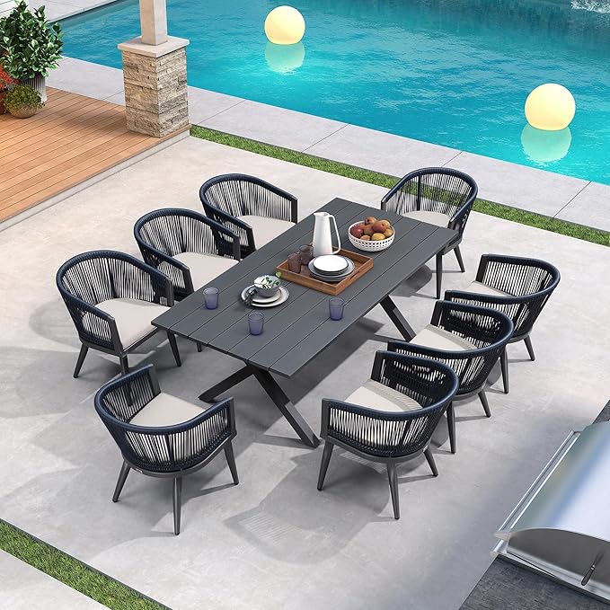 PURPLE LEAF Outdoor Dining Set for 8 All-Weather 9 Pieces Patio Aluminium Dining Table and Rope Weave Chairs Included Cushions for Backyard Indoor Decor Kitchen Patio Furniture Set Grey and Navy